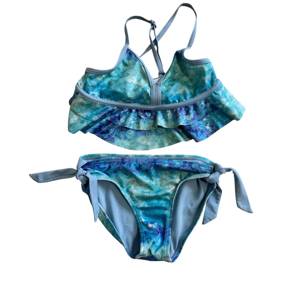 Justice Girls Size 7 Blue and Green Ruffled Bikini